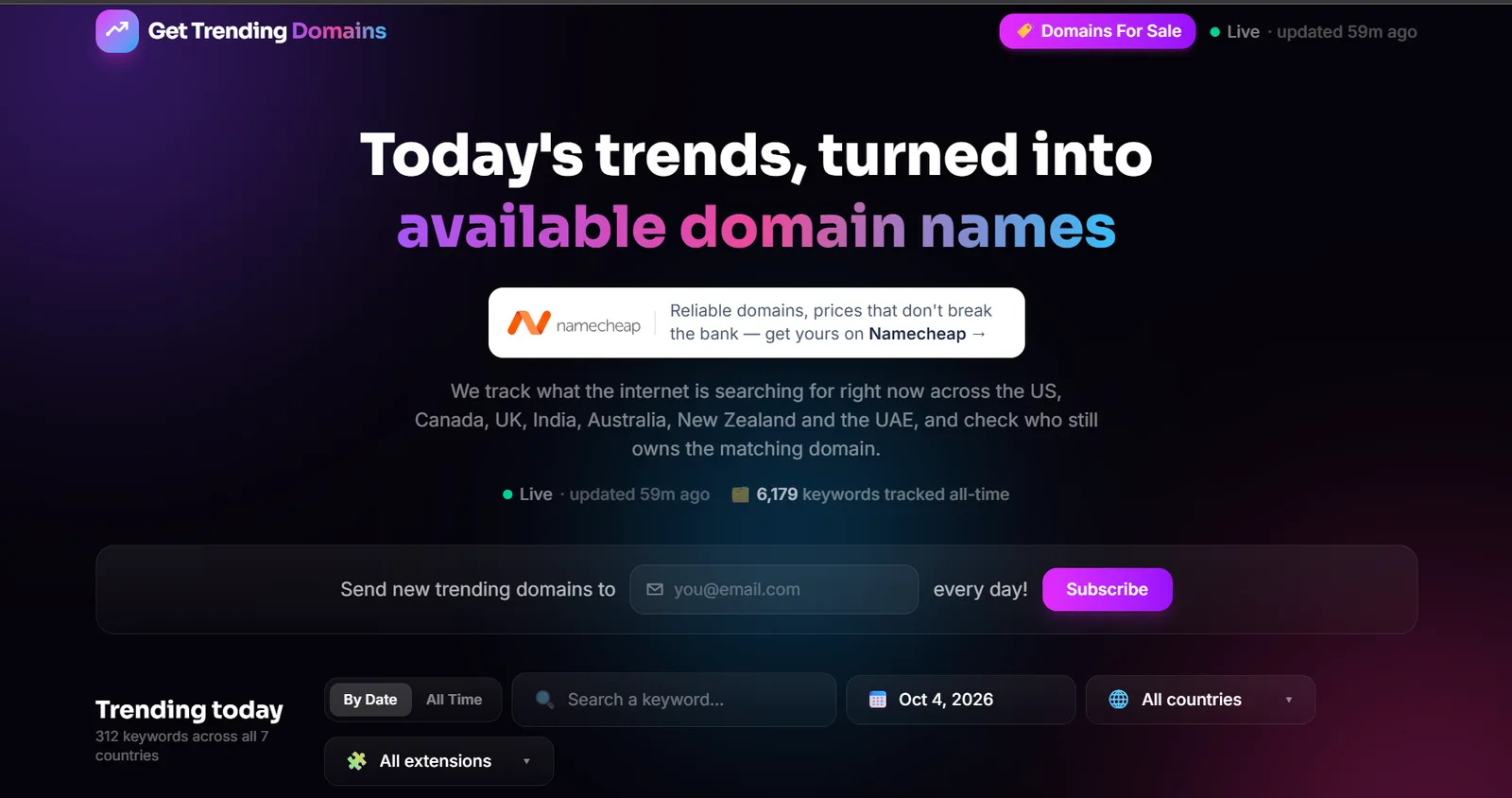 Get Trending Domains — Live trending keywords from Google Trends, turned into available domain names fo