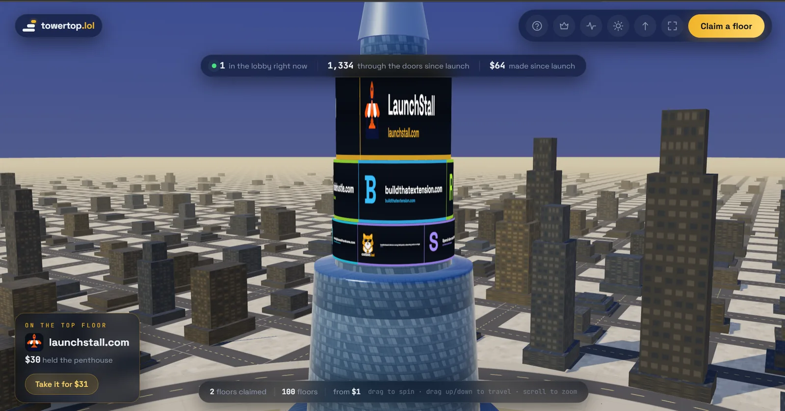 Tower Top — 153 floors. The highest bidder takes the penthouse and everyone else moves down